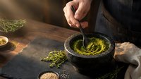 Hand grinding fresh herbs with mortar and pestle in rustic kitchen setting. Traditional cooking preparation with natural spices and ingredients.