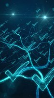Digital network with glowing cyan checkmarks and connecting lines on dark blue background for technology and verification concepts.