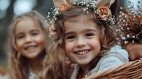 Young girl with flower crown and baby's breath smiles joyfully while holding wicker basket, wearing white lace dress, with another child blurred in background.