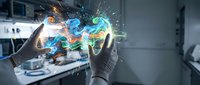 Hands holding glowing digital brain with colorful neural networks and data streams in modern laboratory setting for artificial intelligence concepts.