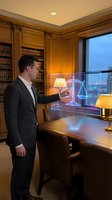 Professional lawyer using holographic justice scales technology in luxury law office with city view and wooden bookshelves for legal consultation.