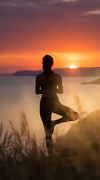Woman practicing yoga tree pose silhouette at sunset overlooking ocean with dramatic orange purple sky for meditation wellness and mindfulness concepts.
