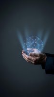 Businessman hands holding glowing digital network connection with connected dots and lines representing data transfer and cloud computing technology.