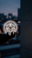 Hand holding glowing neon icon with wireless signal, delivery box, and shield symbols against blurred city skyline at dusk, representing digital security and logistics technology solutions.