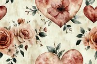 Romantic watercolor pattern with dusty pink roses and heart shapes on vintage beige background, featuring delicate green foliage and floral elements. Seamless repeat design.