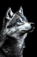 Majestic Siberian husky with piercing blue eyes against dark background, detailed fur texture and dramatic side profile highlighting wild canine features.