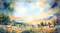 Herd of horses grazing in pastoral meadow at golden sunset with mountains, wildflowers, and ornate decorative border frame, watercolor style landscape artwork.