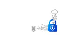 Digital security concept with blue padlock shield protecting server data from cyber threats and cloud computing attacks on white background.