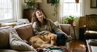 Young woman laughing joyfully while relaxing with golden retriever dog on cozy living room sofa. Warm natural light creates comfortable home atmosphere.