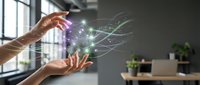 Hands creating digital network connections with glowing light effects in modern office environment for technology and innovation concepts.