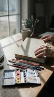 Elderly artist hands resting on vintage sketchbook at rustic wooden desk with watercolor palette and colored pencils by sunny window.
