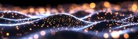 Abstract digital wave with glowing particles and bokeh lights on dark background, creating futuristic technology visualization for business presentations.