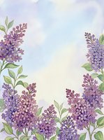Lilac flowers with green leaves arranged on soft watercolor background, creating a botanical frame with copy space for spring designs, greeting cards, and floral-themed projects.