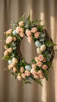Elegant spring wreath with soft pink roses, eucalyptus leaves and decorative eggs hanging on rustic twine for Easter home decor and seasonal celebrations.