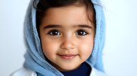 Young girl wearing light blue hijab smiles warmly at camera, showcasing natural innocence and cultural identity against white background. Suitable for diversity and education themes.