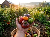 Farmer holding colorful heirloom tomatoes in hand at sunrise over vegetable garden field with barn, fresh produce harvest for farmers market or organic agriculture.