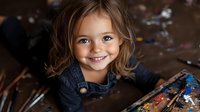 Young Caucasian girl with bright smile and blue eyes wearing denim dress, sitting at art table with colorful paint palette and brushes, expressing joy and creativity.
