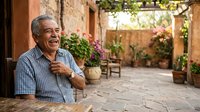 Senior man with gray hair and Mediterranean ethnicity wearing light blue checkered shirt, sitting in rustic courtyard with terracotta walls, potted flowers and climbing vines, suitable for lifestyle and travel content.