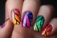 Vibrant butterfly wing nail art design featuring rainbow glitter patterns on manicured nails. Macro shot shows detailed geometric shapes in red, purple, orange and green colors.