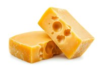 Fresh yellow cheese blocks with distinctive holes showing texture and quality, isolated on white background for food photography and packaging design.