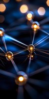 Abstract network visualization with glowing golden nodes connected by thin lines against dark blue background, representing digital connectivity.