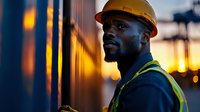 African American male construction worker in safety vest and hard hat during sunset, dramatic lighting creates industrial atmosphere at construction site.