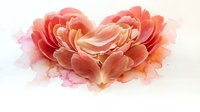 Watercolor heart made of delicate pink and coral flower petals on white background, romantic floral design for wedding invitations and love themes.