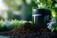 Fresh ground coffee beans scattered next to black container on natural green background with selective focus and bokeh effect. Great for coffee shop ads.