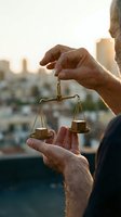 Senior man holding golden scales of justice symbol at sunset representing legal fairness and judicial balance in urban setting.