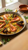 Traditional seafood paella with prawns, mussels and saffron rice in authentic pan on rustic wooden table with fresh herbs and lemon for Mediterranean cooking.