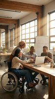 Diverse team collaborating in modern office with natural light. Inclusive workplace featuring woman in wheelchair working with colleagues on laptop project.