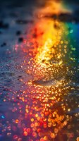 Magical bokeh light reflections on wet surface with vibrant orange, yellow and green colors creating dreamy abstract background with water droplets and sparkles.