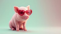 Adorable pink piglet wearing heart-shaped sunglasses on pastel gradient background. Cute baby pig with romantic eyewear for love and Valentine themes.