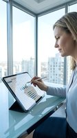 Professional blonde businesswoman analyzing financial data on tablet in modern office with city skyline view for corporate presentations.