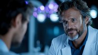 Middle-aged Caucasian male doctor with gray beard wearing white coat consults with colleague during night shift, illuminated by blue hospital lights in background.