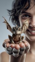 Young woman holding miniature fantasy dragon figurine in cupped hands with warm smile, magical creature collectible toy for storytelling and imagination concepts.