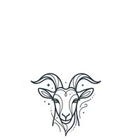 Goat head with curved horns and decorative line art flourishes, suitable for logos, tattoo designs, and branding projects.