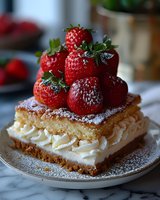 Fresh strawberry cream cake slice with layers of pastry, whipped cream, and powdered sugar, topped with ripe red berries on marble surface.