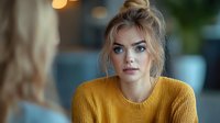 Young woman with blue eyes and blonde hair in messy bun wearing yellow knit sweater looking directly at camera with confident expression against blurred background.