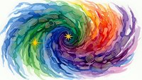 Vibrant rainbow watercolor spiral with flowing brushstrokes creating dynamic swirling motion from blue through green yellow orange to purple tones.