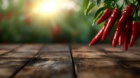 Fresh red chili peppers hanging on wooden table with blurred garden background and warm sunlight for culinary cooking spice ingredient display.