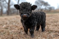 Adorable fluffy black Highland cattle calf standing in dry winter field, looking directly at camera with curious expression. Close up portrait showing curly fur coat.