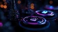 Glowing gaming buttons with neon purple and blue lights against dark background, miniature Christmas tree decoration creates festive gaming atmosphere.