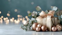 Elegant gift box wrapped with ribbon and decorated with eucalyptus leaves, rose gold ornaments, and soft bokeh lights on teal background.