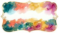 Watercolor paint splashes in rainbow colors with ornate gold decorative frame border on white background, isolated and ready for invitations, cards, posters, and design projects.