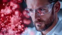 Caucasian male scientist in protective eyewear observing red viral particles. Close-up portrait showing focused expression and beard against blurred microscopic background.