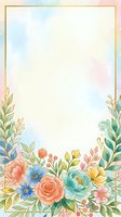 Watercolor floral border with gold frame, pastel flowers and green leaves on soft gradient background, copy space for text.