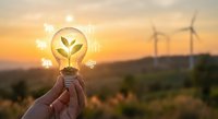 Hand holding glowing light bulb with green plant inside at sunset with wind turbines in background representing renewable energy and sustainability concepts.