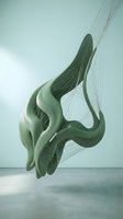 Flowing green fabric suspended by strings creates an organic, sculptural form against a minimalist backdrop, suitable for contemporary art, design, and creative projects.
