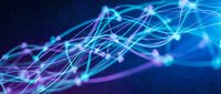 Abstract network connections with glowing nodes and flowing data streams in blue and purple colors against dark background for technology concepts.
